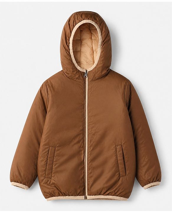 Pine Kids Woven Full Sleeves Padded Hooded Winter Reversible Jacket - Rust Orange