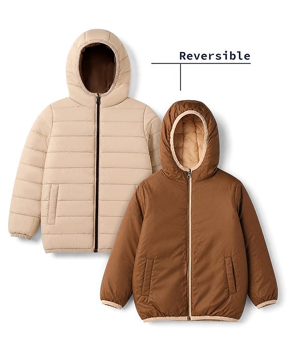 Pine Kids Woven Full Sleeves Padded Hooded Winter Reversible Jacket - Rust Orange