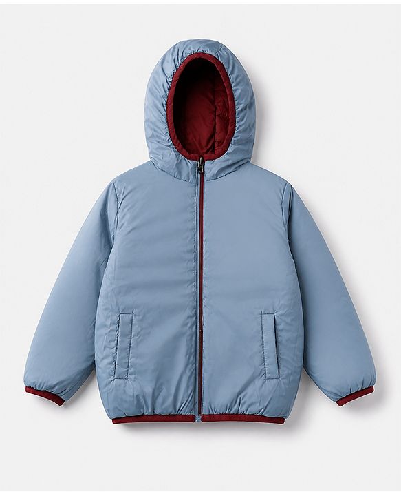 Pine Kids Woven Full Sleeves Padded Hooded Winter Reversible Jacket - Wine
