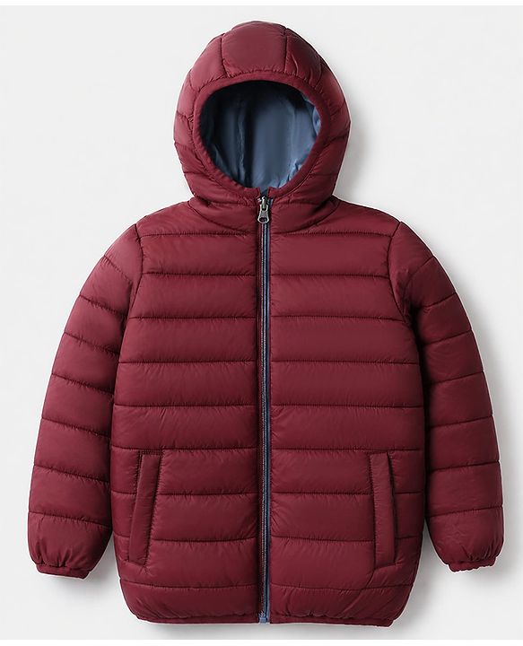 Pine Kids Woven Full Sleeves Padded Hooded Winter Reversible Jacket - Wine