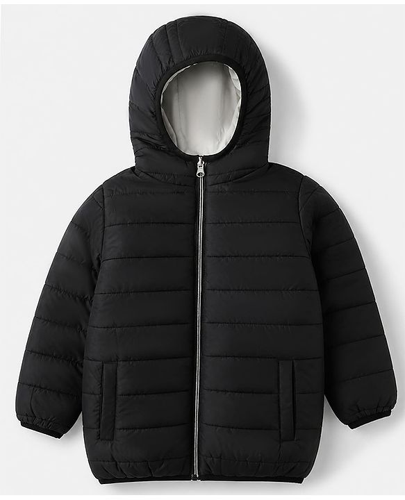 Pine Kids Woven Full Sleeves Padded Hooded Winter Reversible Jacket - Black