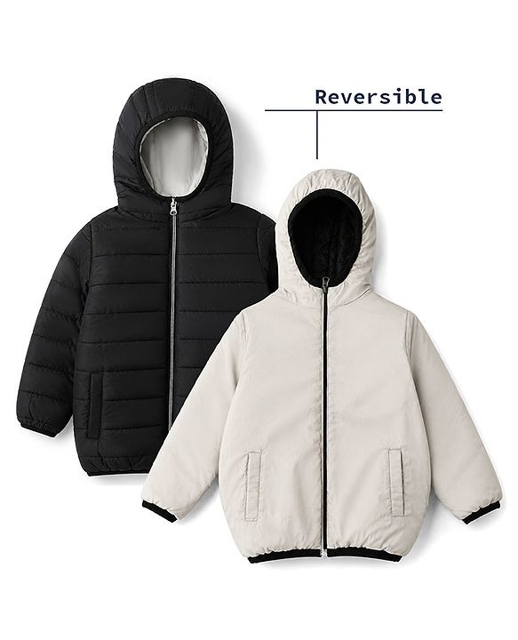 Pine Kids Woven Full Sleeves Padded Hooded Winter Reversible Jacket - Black