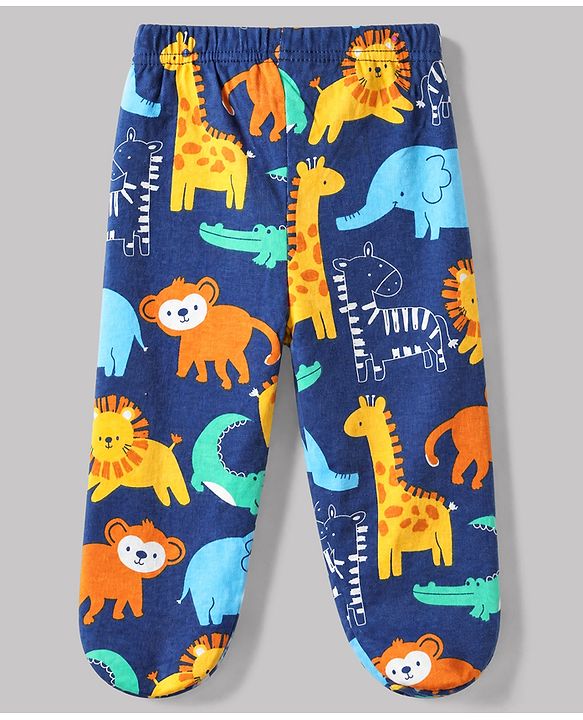 Babyhug Cotton Interlock Knit Full Length Bootie Leggings with Lion Crocodile Jungle Safari Print Pack of 3 - Navy Blue, White, Light Blue