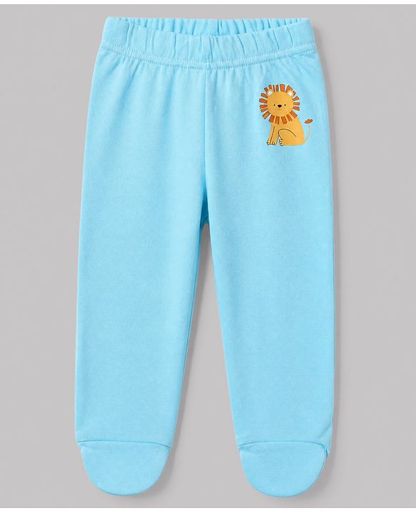 Babyhug Cotton Interlock Knit Full Length Bootie Leggings with Lion Crocodile Jungle Safari Print Pack of 3 - Navy Blue, White, Light Blue