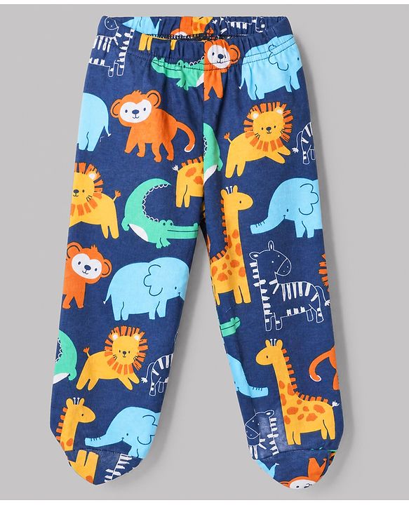 Babyhug Cotton Interlock Knit Full Length Bootie Leggings with Lion Crocodile Jungle Safari Print Pack of 3 - Navy Blue, White, Light Blue