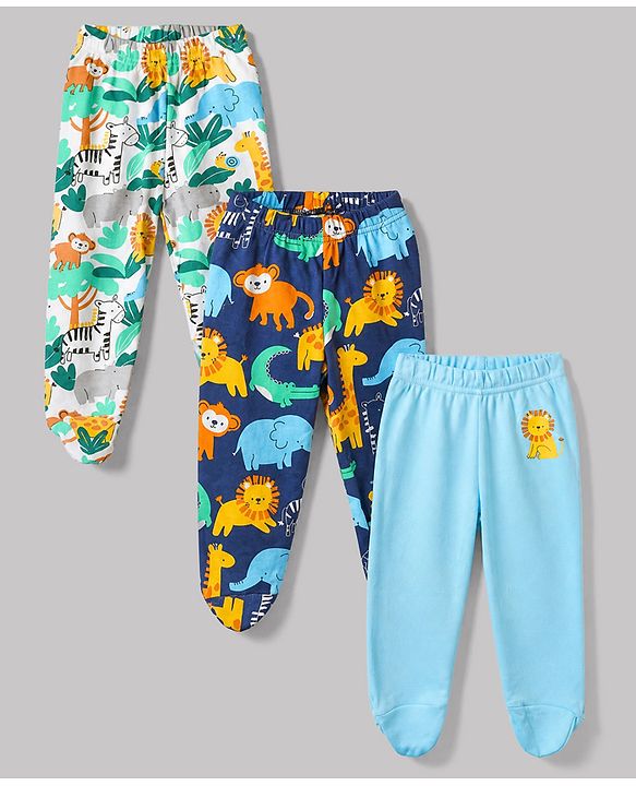 Babyhug Cotton Interlock Knit Full Length Bootie Leggings with Lion Crocodile Jungle Safari Print Pack of 3 - Navy Blue, White, Light Blue