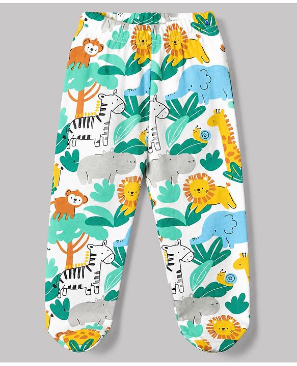 Babyhug Cotton Interlock Knit Full Length Bootie Leggings with Lion Crocodile Jungle Safari Print Pack of 3 - Navy Blue, White, Light Blue