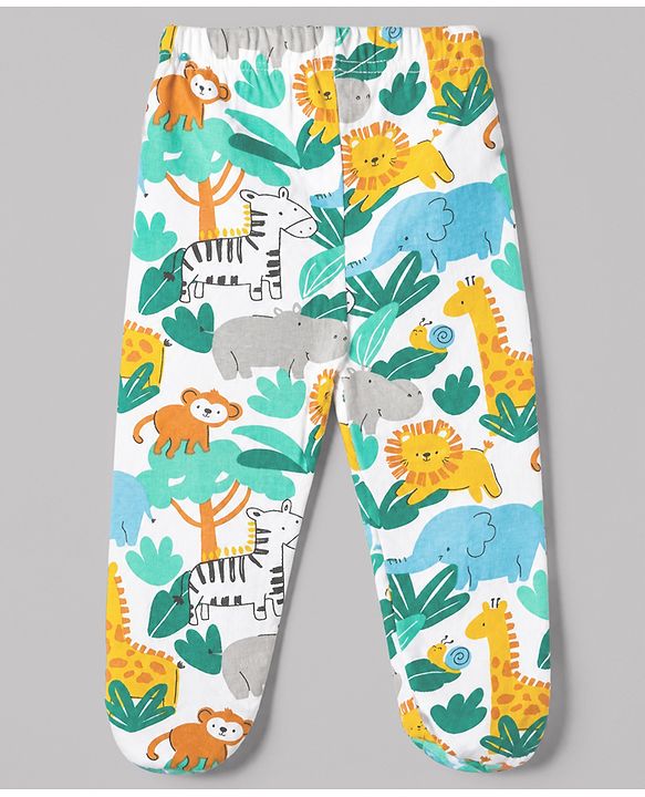 Babyhug Cotton Interlock Knit Full Length Bootie Leggings with Lion Crocodile Jungle Safari Print Pack of 3 - Navy Blue, White, Light Blue