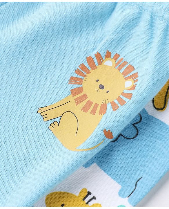 Babyhug Cotton Interlock Knit Full Length Bootie Leggings with Lion Crocodile Jungle Safari Print Pack of 3 - Navy Blue, White, Light Blue