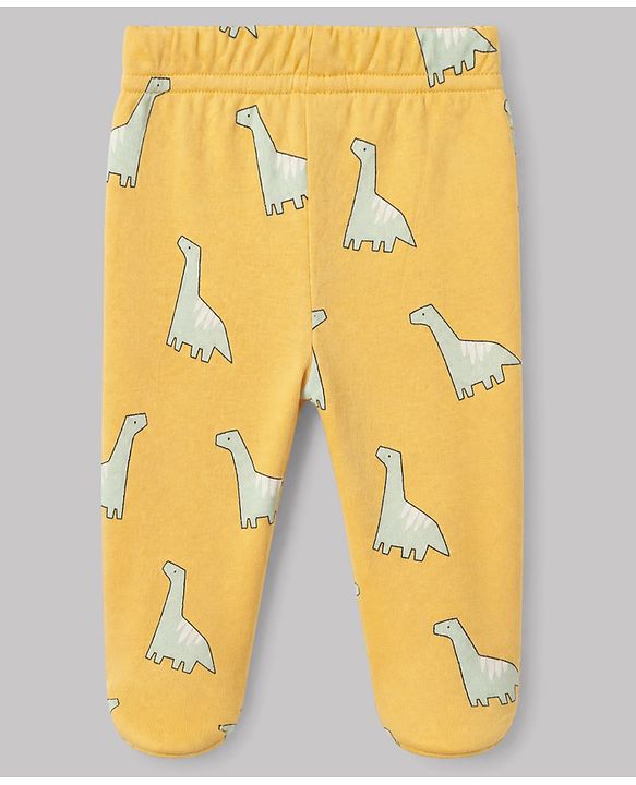 Babyhug Cotton Knit Footed Bootie Legging and Elephant Print Pack of 3 - White, Yellow & Light Blue