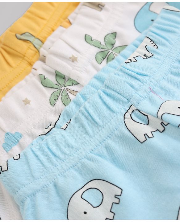 Babyhug Cotton Knit Footed Bootie Legging and Elephant Print Pack of 3 - White, Yellow & Light Blue