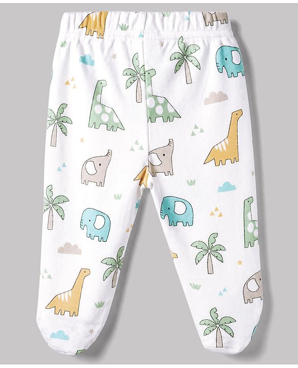 Babyhug Cotton Knit Footed Bootie Legging and Elephant Print Pack of 3 - White, Yellow & Light Blue