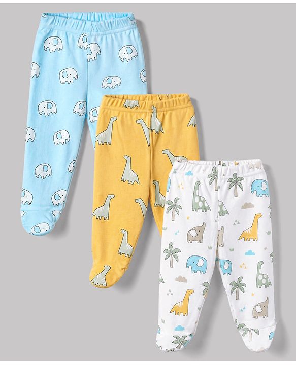 Babyhug Cotton Knit Footed Bootie Legging and Elephant Print Pack of 3 - White, Yellow & Light Blue