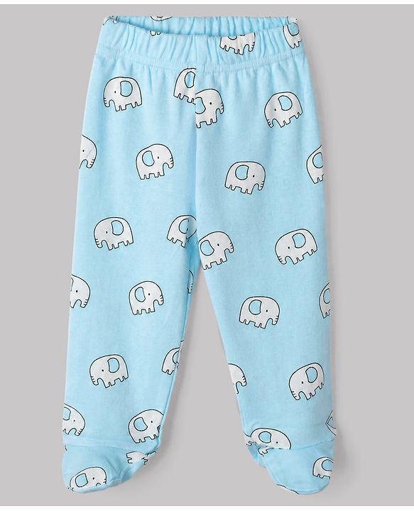 Babyhug Cotton Knit Footed Bootie Legging and Elephant Print Pack of 3 - White, Yellow & Light Blue