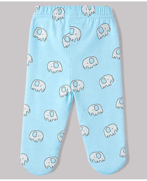 Babyhug Cotton Knit Footed Bootie Legging and Elephant Print Pack of 3 - White, Yellow & Light Blue