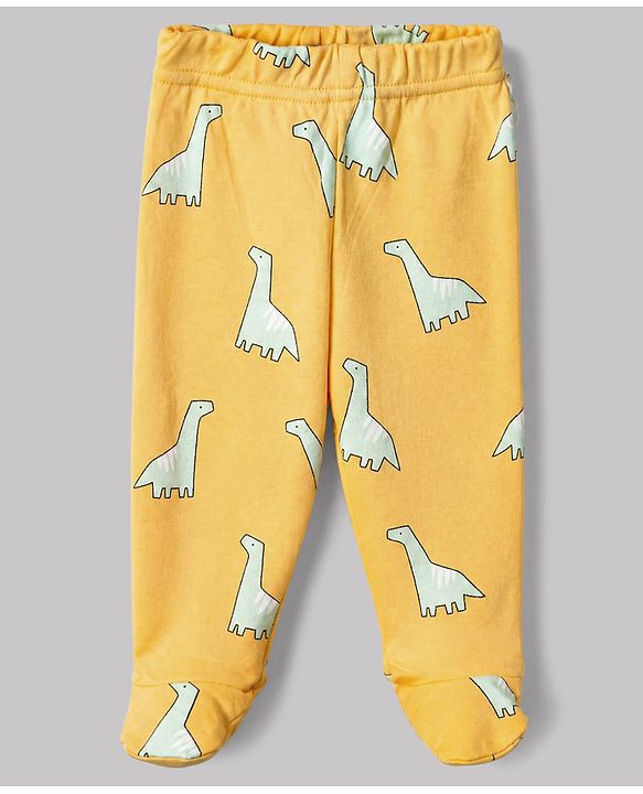 Babyhug Cotton Knit Footed Bootie Legging and Elephant Print Pack of 3 - White, Yellow & Light Blue