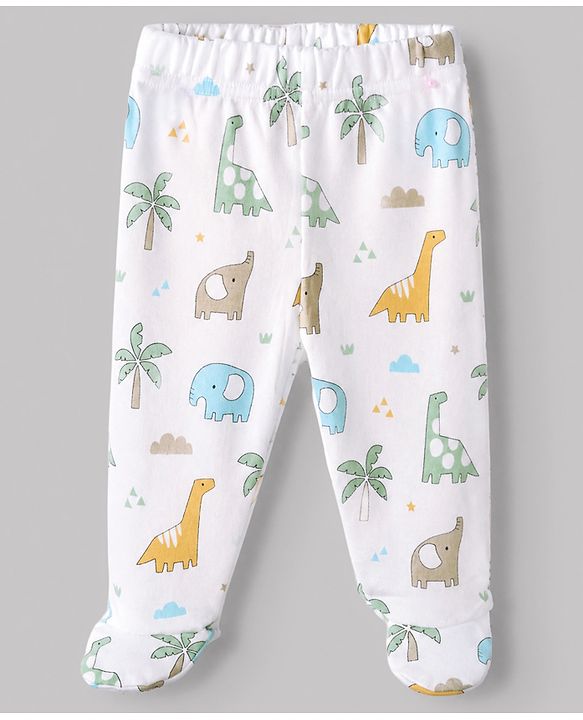 Babyhug Cotton Knit Footed Bootie Legging and Elephant Print Pack of 3 - White, Yellow & Light Blue