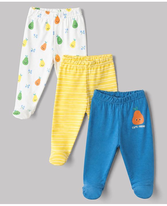 Babyhug Cotton Knit Footed Bootie Leggings With Floral Print Pack of 3 - Blue Yellow White