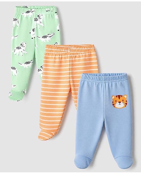 Babyhug Cotton Knit Footed Bootie Leggings With Animal Print Pack of 3 - Orange Light Green Blue