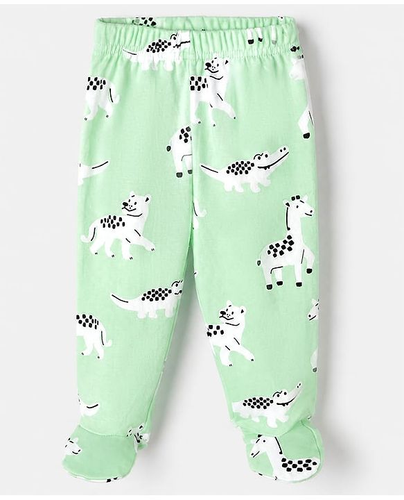 Babyhug Cotton Knit Footed Bootie Leggings With Animal Print Pack of 3 - Orange Light Green Blue