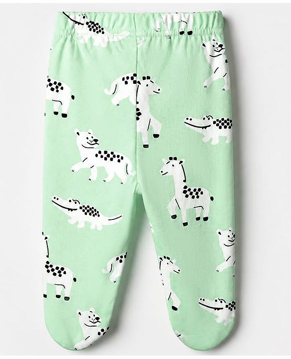 Babyhug Cotton Knit Footed Bootie Leggings With Animal Print Pack of 3 - Orange Light Green Blue