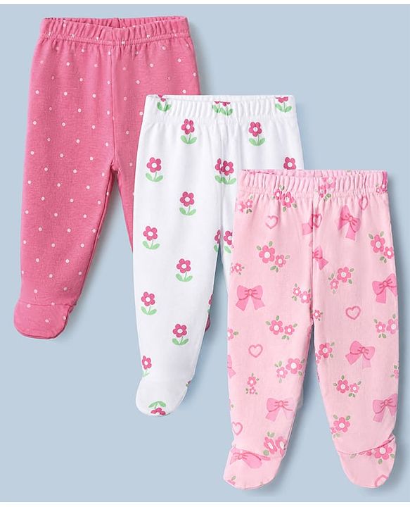 Babyhug Cotton Knit Footed Bootie Legging With Floral Print Pack of 3 - Pink White Light Pink