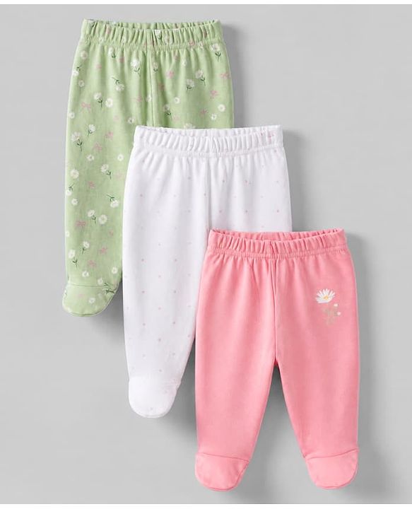 Babyhug Cotton Footed Bootie Legging With Floral Print Pack of 3 - Pink White Green