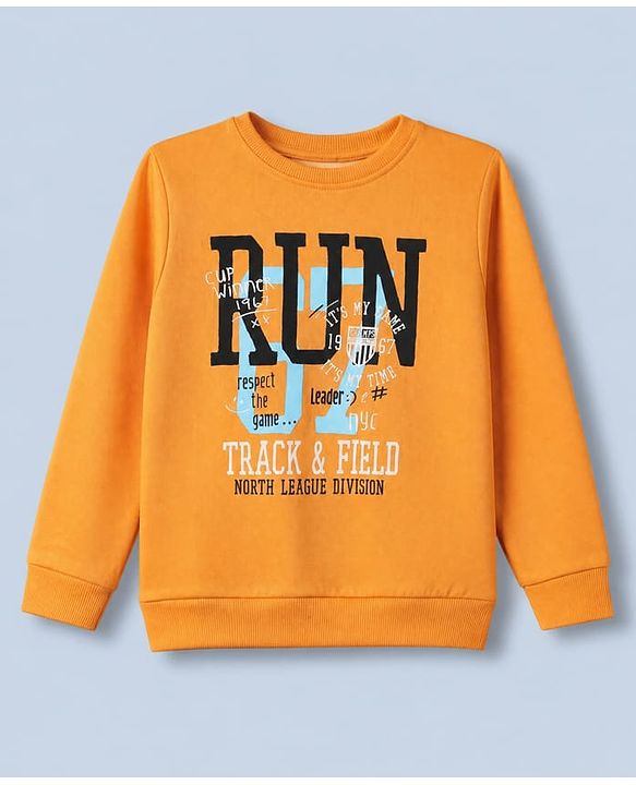Pine Kids Knit Full Sleeves Apricot Sweatshirt With Run Text Print - Orange