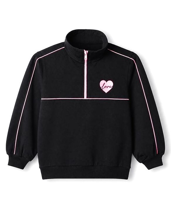 Pine Kids 100% Cotton Knit Sweatshirt with Full Sleeves and Heart Print in Black