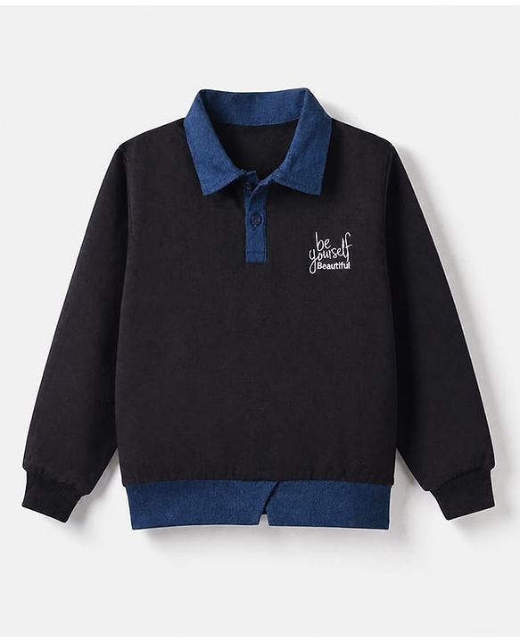 Pine Kids 100% Cotton Knit Sweatshirt with Full Sleeves and Girl Boss Embroidery in Black