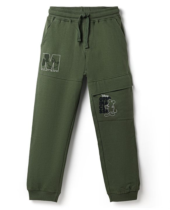 Pine Kids Disney Terry Knit Full Length Track Pants With Mickey Mouse Graphic - Olive Green
