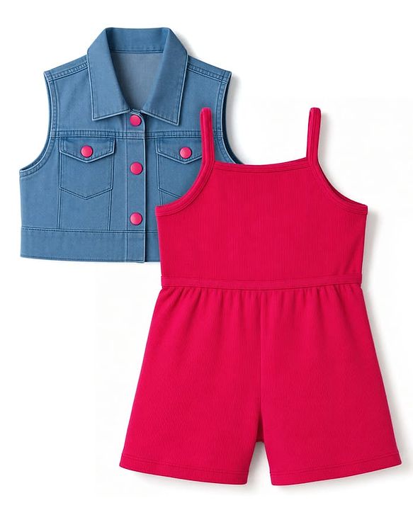 Babyhug 100% Cotton Rib Knit Sleeveless Solid Jumpsuit With Jacket -Pink