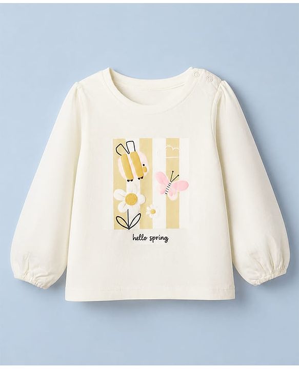 Babyhug 100% Cotton Knit T-Shirt with Full Sleeves with Bunny Floral & Butterfly Applique in Offwhite
