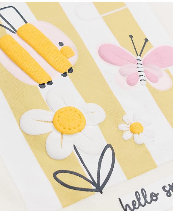 Babyhug 100% Cotton Knit T-Shirt with Full Sleeves with Bunny Floral & Butterfly Applique in Offwhite
