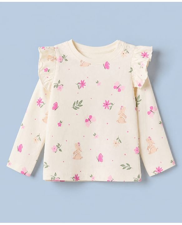 Babyhug 100% Cotton Knit Full Sleeves T-Shirts with Frill Detail and Flowers And Butterflies Print Pack of 3 - Light Pink Peach Dark Pink