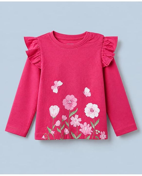 Babyhug 100% Cotton Knit Full Sleeves T-Shirts with Frill Detail and Flowers And Butterflies Print Pack of 3 - Light Pink Peach Dark Pink