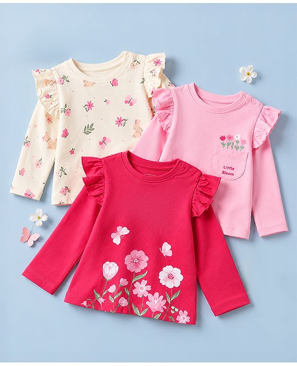Babyhug 100% Cotton Knit Full Sleeves T-Shirts with Frill Detail and Flowers And Butterflies Print Pack of 3 - Light Pink Peach Dark Pink