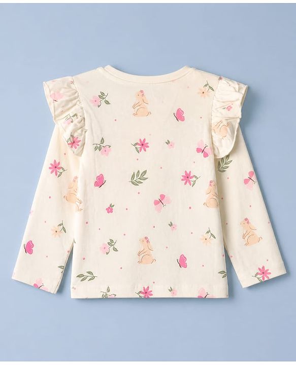 Babyhug 100% Cotton Knit Full Sleeves T-Shirts with Frill Detail and Flowers And Butterflies Print Pack of 3 - Light Pink Peach Dark Pink