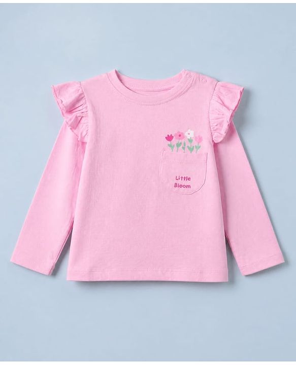 Babyhug 100% Cotton Knit Full Sleeves T-Shirts with Frill Detail and Flowers And Butterflies Print Pack of 3 - Light Pink Peach Dark Pink