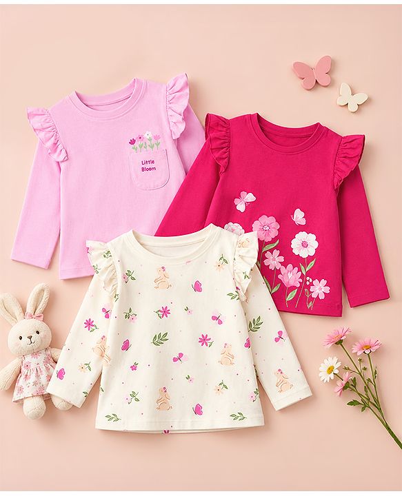 Babyhug 100% Cotton Knit Full Sleeves T-Shirts with Frill Detail and Flowers And Butterflies Print Pack of 3 - Light Pink Peach Dark Pink