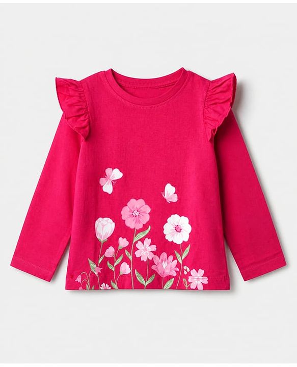 Babyhug 100% Cotton Knit Full Sleeves T-Shirts with Frill Detail and Flowers And Butterflies Print Pack of 3 - Light Pink Peach Dark Pink