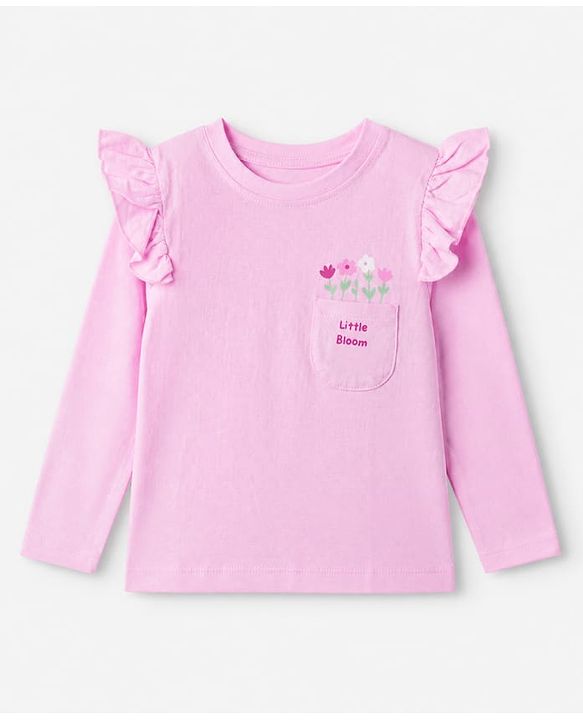 Babyhug 100% Cotton Knit Full Sleeves T-Shirts with Frill Detail and Flowers And Butterflies Print Pack of 3 - Light Pink Peach Dark Pink