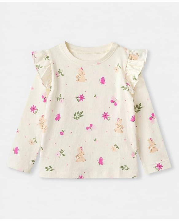 Babyhug 100% Cotton Knit Full Sleeves T-Shirts with Frill Detail and Flowers And Butterflies Print Pack of 3 - Light Pink Peach Dark Pink