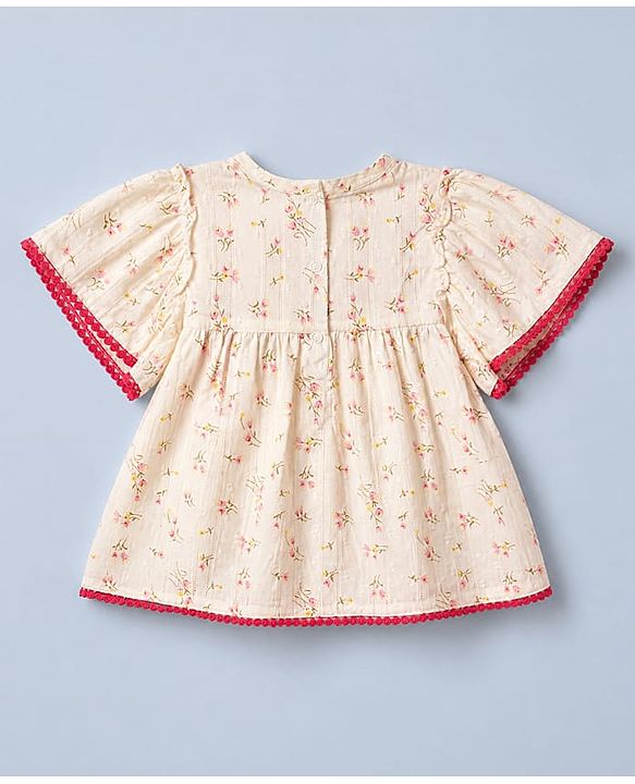 Babyhug 100% Cotton Dobby Woven Half Sleeves Aop Top With Butterfly Sleeve And Floral Print - White