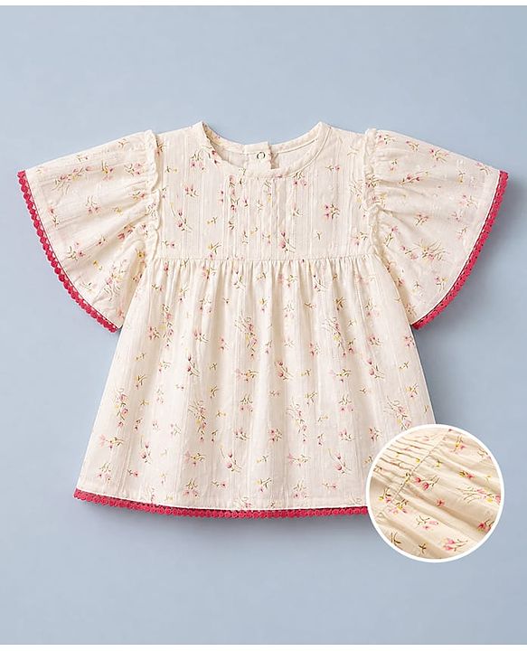 Babyhug 100% Cotton Dobby Woven Half Sleeves Aop Top With Butterfly Sleeve And Floral Print - White
