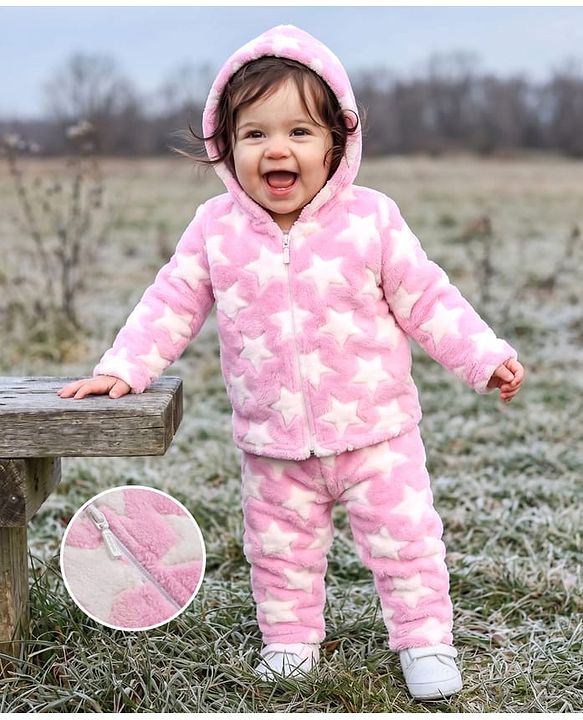 Babyhug Fur Knit Full Sleeves Hooded Winter Wear Suit With Star Design - Pink