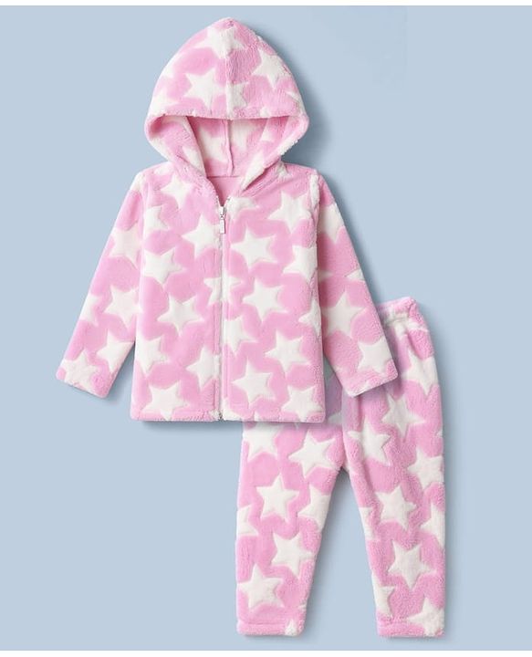 Babyhug Fur Knit Full Sleeves Hooded Winter Wear Suit With Star Design - Pink