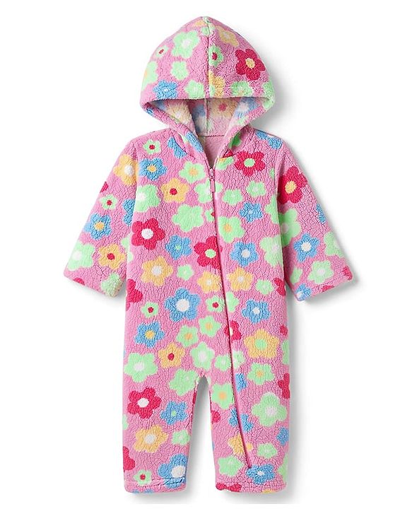 Babyhug Fur Knit Full Sleeves Hooded Winter Wear Romper With Floral Print - Pink