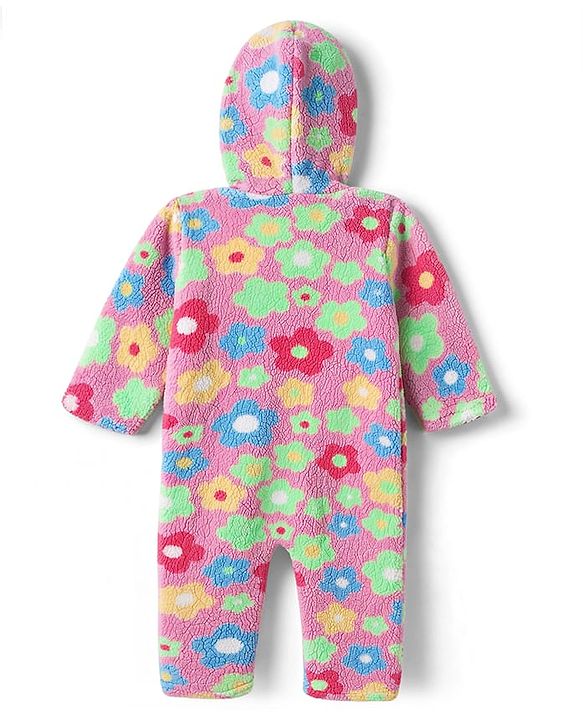 Babyhug Fur Knit Full Sleeves Hooded Winter Wear Romper With Floral Print - Pink