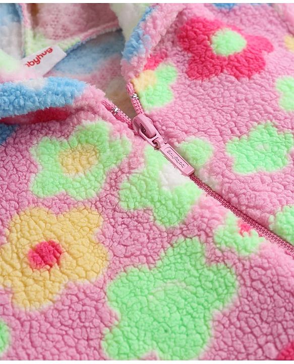 Babyhug Fur Knit Full Sleeves Hooded Winter Wear Romper With Floral Print - Pink
